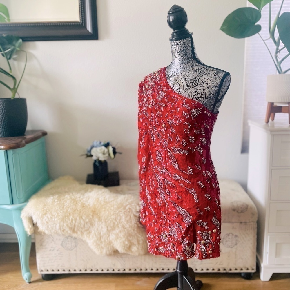 Dundas x Revolve Jett Sequin Embellished One-Shoulder Mini Dress in Red, Small - Picture 10 of 17